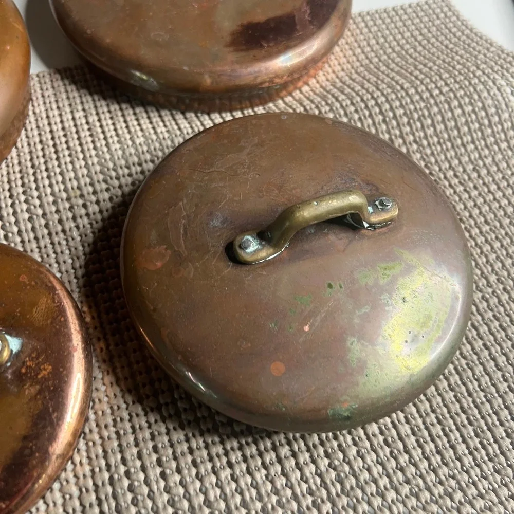 Vintage Copper Pot Lids Set of 4 Brass Handles Tin Lined French Kitchen Decor